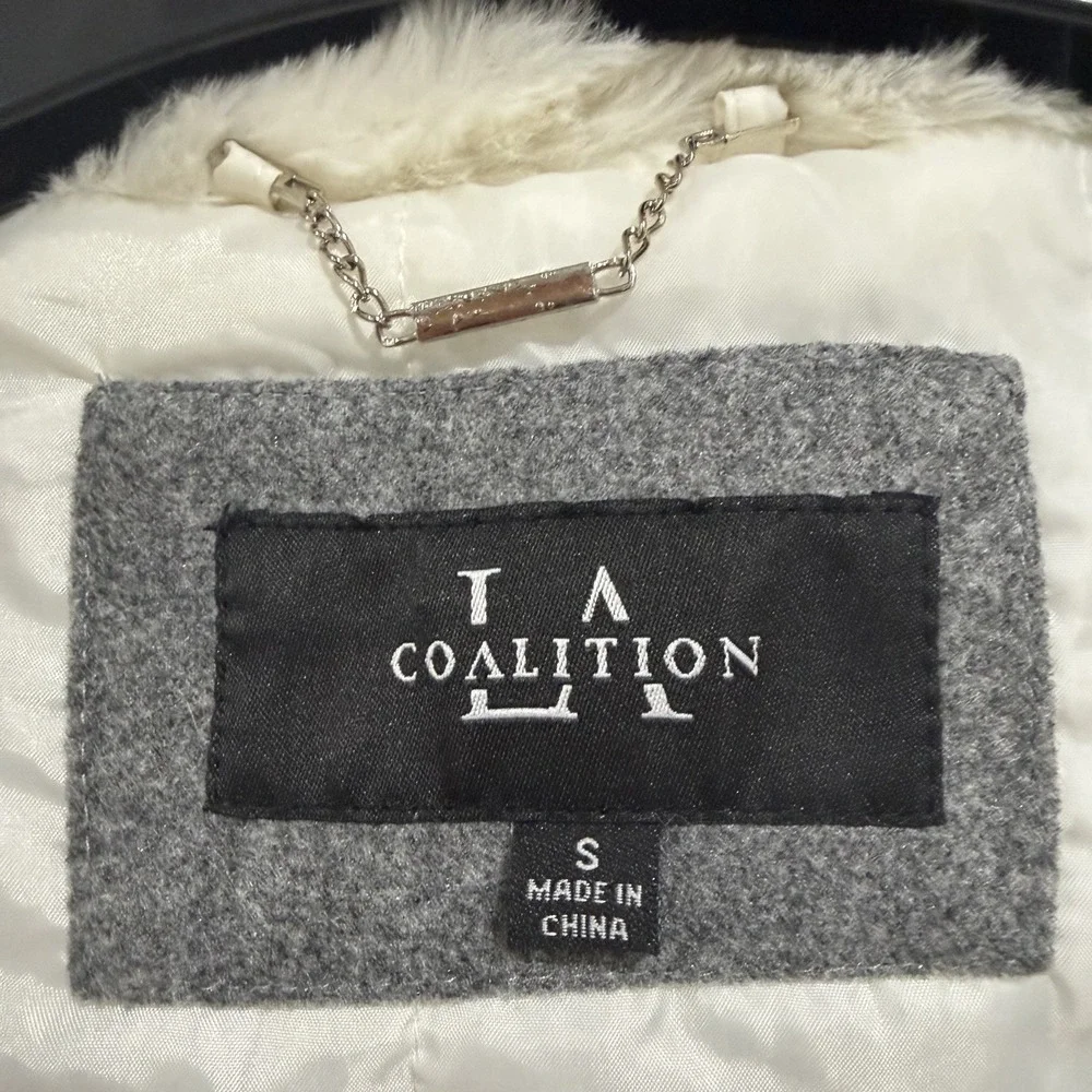 Coalition LA Women's Gray Coat Cream Faux Fur Sherpa Hooded Zip Jacket Small